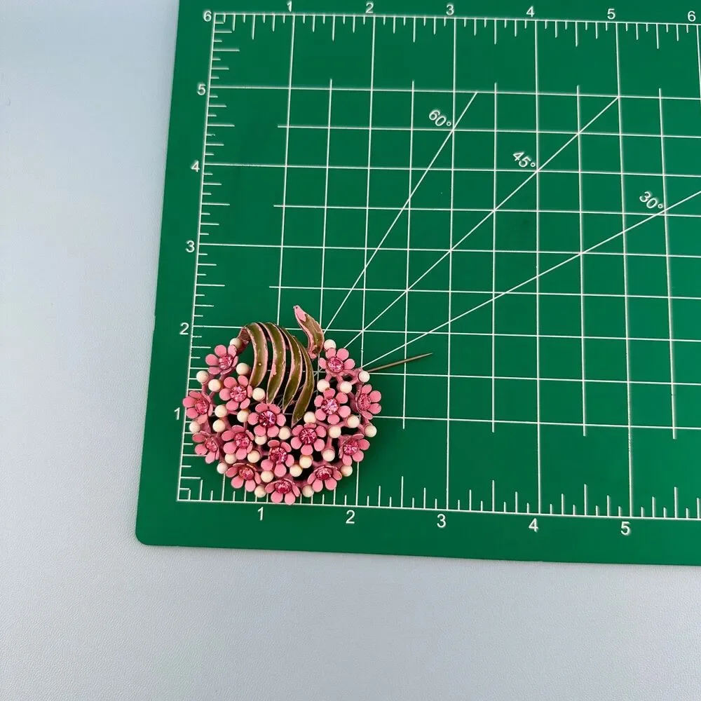 Vintage Rhinestone Flower Brooch Pink Japanned Enamel Floral Spray Bouquet 2